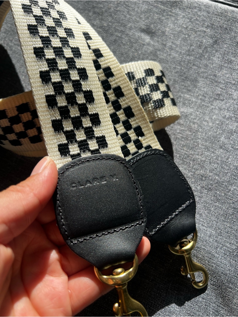 Clare V Black & Cream Checkerboard Messenger Strap with Gold Hardware